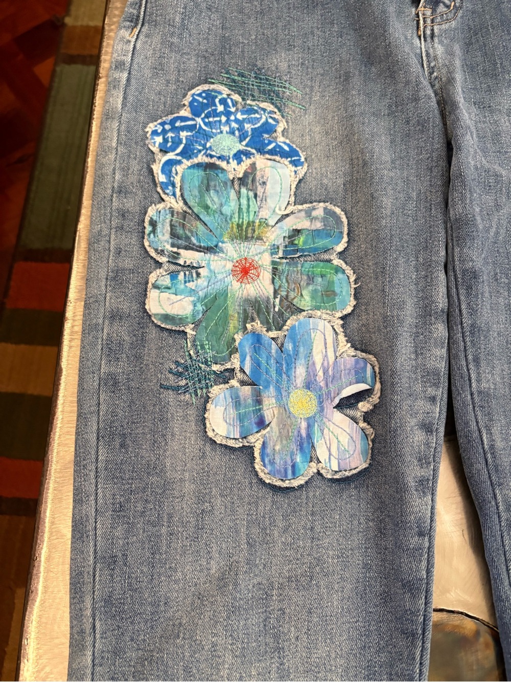 Blue Floral-Applique Straight Leg Jeans for Women